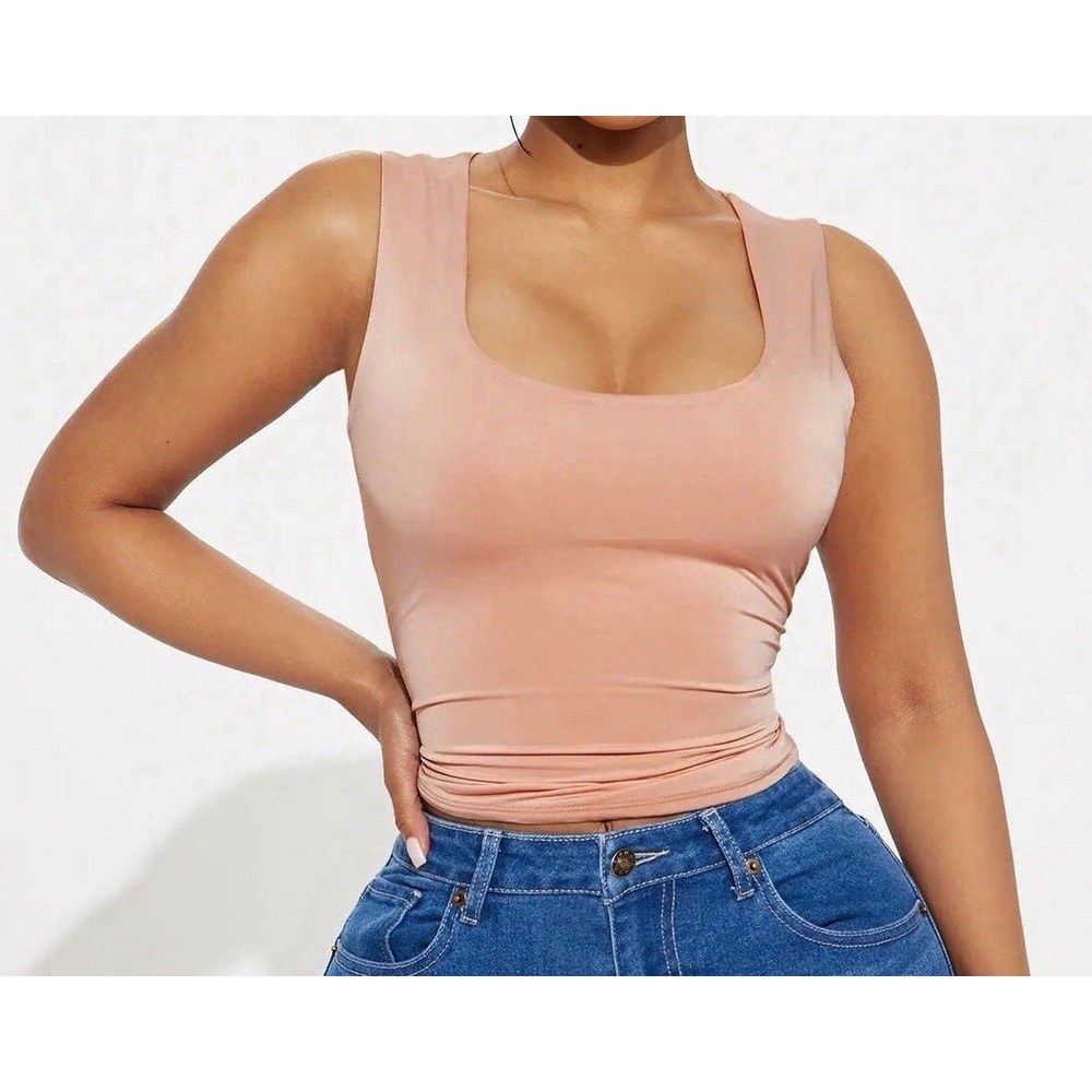 Fashion Nova Pink Solid Square Neck Sleeveless Wide Strap Pullover Tank S